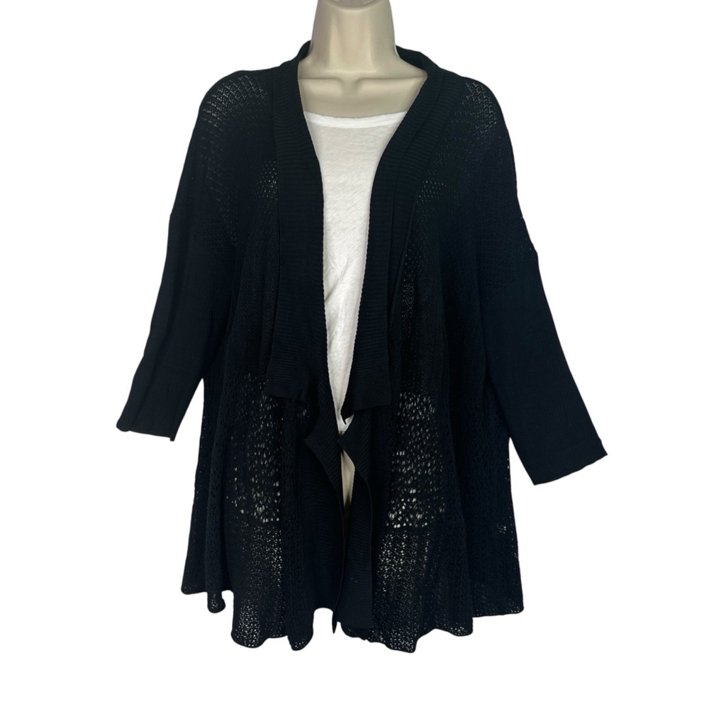 Eileen Fisher Silk Blend Open Knit Waterfall Cardigan Draped Sweater XL Black